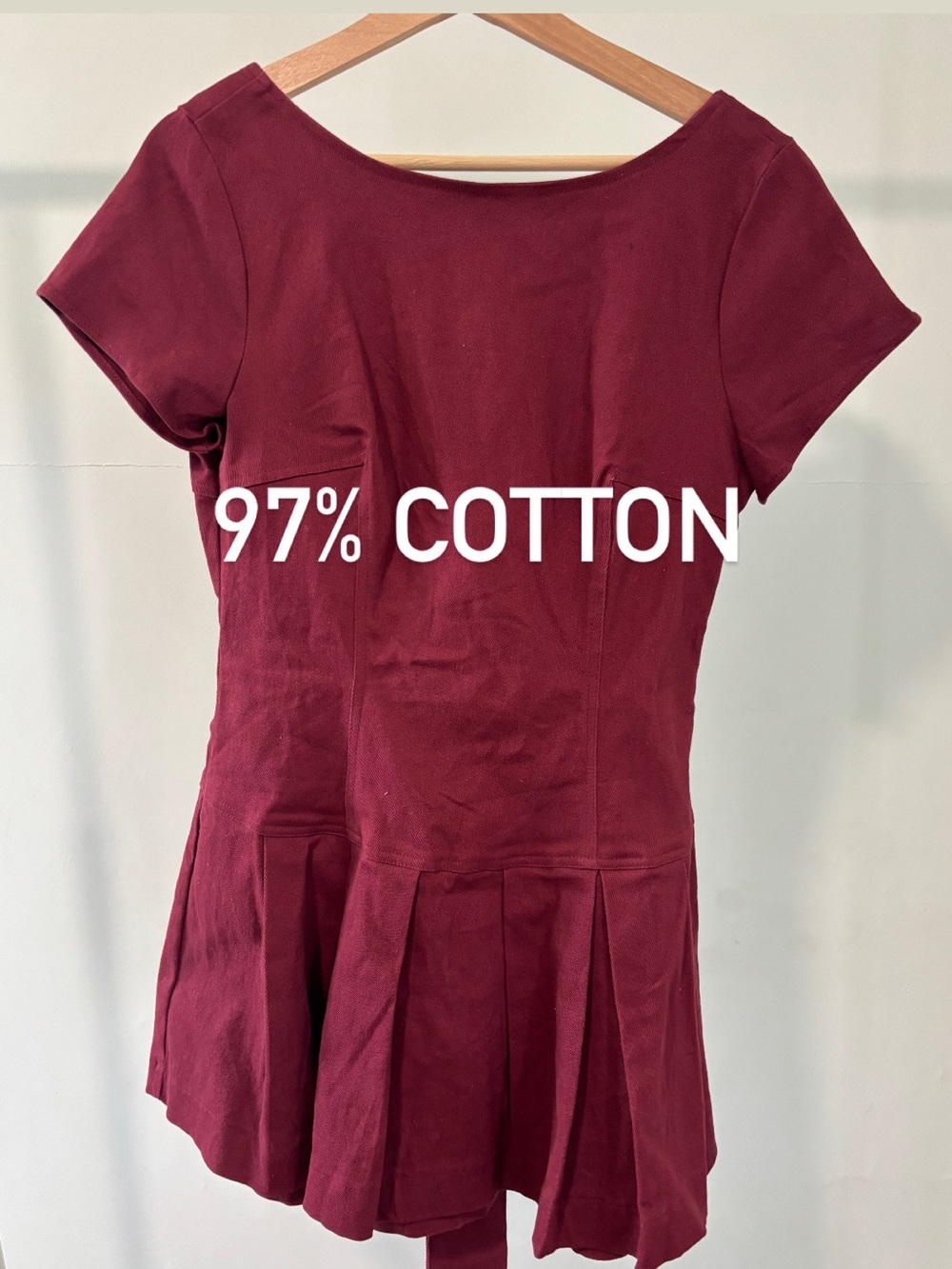 Women's Burgundy Pleated Short-Sleeve Top / Dress | 97% cotton | size L